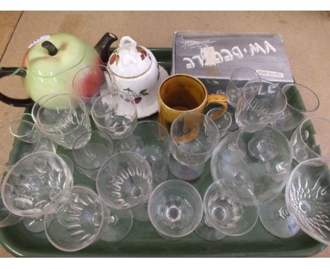 A floral toilet bowl, Carltonware teapot, drinking glasses etc