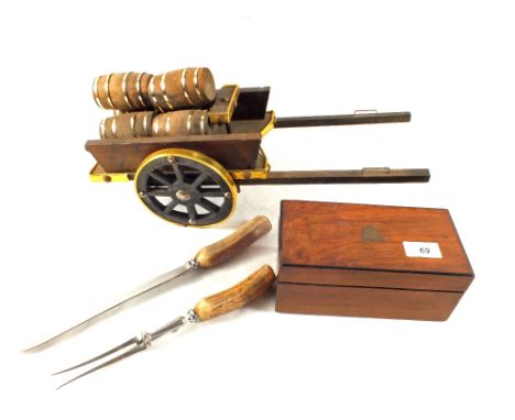 A Mahogany trinket box, antler carving set and a wooden brewery cart with Brass surrounds