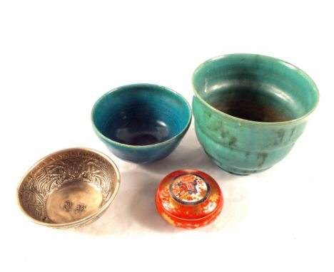 Four oriental pots, one Silver metal and three ceramic