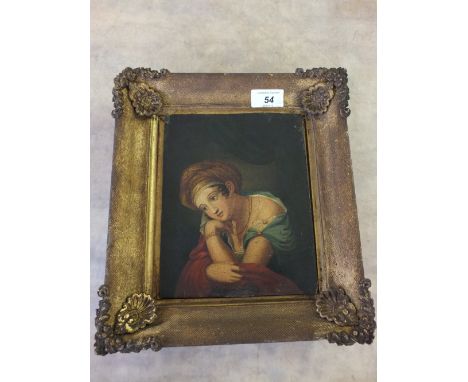 Oil on panel, half length portrait of a seated pensive lady, 8" x 6"