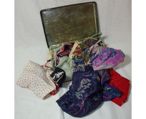 Vintage tin containing a large selection of assorted ladies silk handkerchiefs including embroidered examples