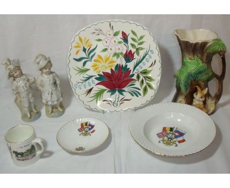 Aynsley crested ware 'To Commemorate Peace 1919' mug, crested ware 'For Right And Freedom' saucer and bowl, Hornsea Fauna jug