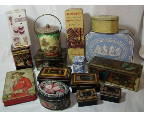 Box containing selection of various assorted vintage tins and money boxes including Art Nouveau, hunting scenes, Victorian ca