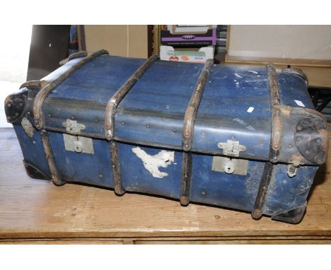 Large canvas and wooden slatted travelling trunk 