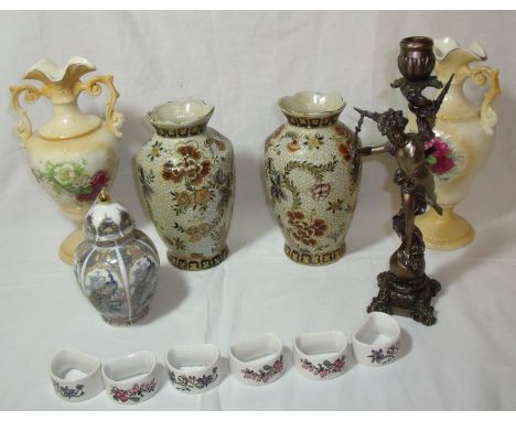 Set of six Villeroy & Boch napkin rings, pair of Fenton Old Foley Ware twin handled blush ware vases, oriental lidded ginger 