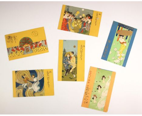 Four Art Nouveau / Austrian Secessionist postcards illustrated by Raphael Kirchner (Austrian, 1875-1917), numbers I-IV in the