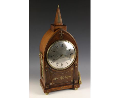 A Regency mahogany cased, eight day Gothic inspired twin fusee bracket clock, signed John Lee, Cheltenham, circa. 1820, the l