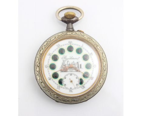 A large Regulateur pocket watch, the white enamel dial with circular green Arabic numeral markers, outer second track and sub