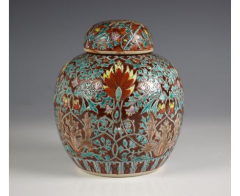 A Chinese porcelain Straits Market ginger jar and cover, late 19th century, of ovoid form and decorated in red and turquoise 