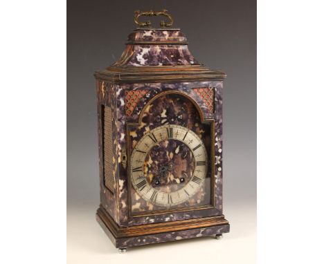 A Regency style simulated tortoiseshell bracket clock, mid 20th century, applied with pierced metal panels, the 15cm silvered