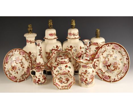 A selection of Masons Ironstone wares in the 'Mandalay Red' pattern, 20th century, to include: a pair of table lamps, 38cm hi