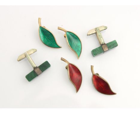 A pair of David Anderson enamel clip on earrings, the stylised leaf earrings with vibrant green enamel detail, stamped to rev