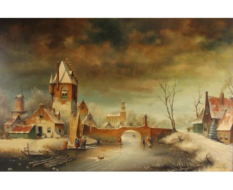 Pieter Cornelis Steenhouwer (Dutch, 1896-1972),Figures skating on a frozen river before a town gate,Oil on canvas,Signed lowe