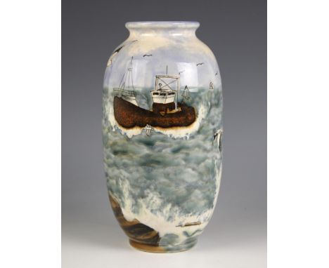 A Cobridge pottery vase, 20th century, of tapered cylindrical form, the body decorated with a trawler in seascape, impressed 