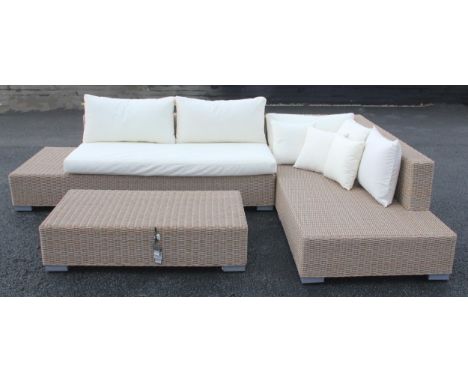 An Oka Luccombe faux rattan conservatory/patio corner sofa, formed with two sofas each measures 63cm H x 212cm W x 90cm D, up