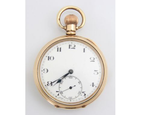 A gold plated open faced pocket watch, the circular white enamel dial with Arabic numerals and subsidiary dial to 6 o'clock, 