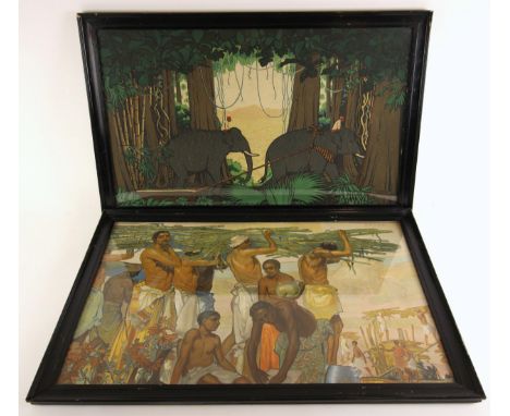 Keith Henderson (British, 20th century),Elephants hauling teak,Print on paper, trimmed down from a 1930s Empire Marketing Boa