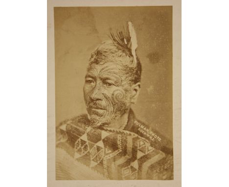 Elizabeth Pulman (1836-1900), an albumen print portrait of a Maori in traditional dress, titled in the negative 'PULMAN PHOTO