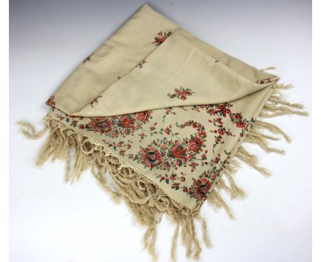 A Chinese silk ivory double-sided shawl, early 20th century, embroidered with floral sprays, 150cm sq approx (excluding fring