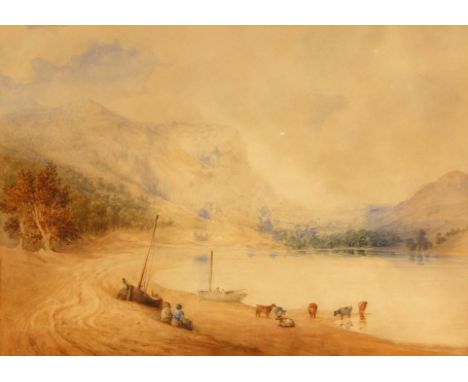 Anthony Vandyke Copley Fielding (British, 1787–1855),Cattle and boats on the bank of a lake,  Watercolour on paper,  Signed a