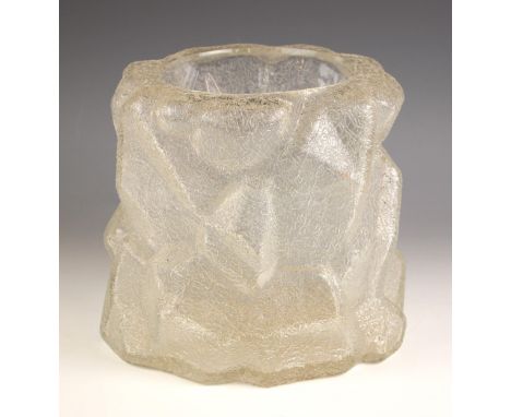 A glass planter, 20th century, of stylised cylindrical form, the body with a crackled glaze throughout, 23.5cm high 
