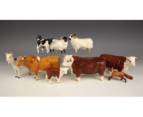 A collection of Beswick figures, 20th century and later, to include: a 'Hereford Cow', model no. 1360, designed by Arthur Gre