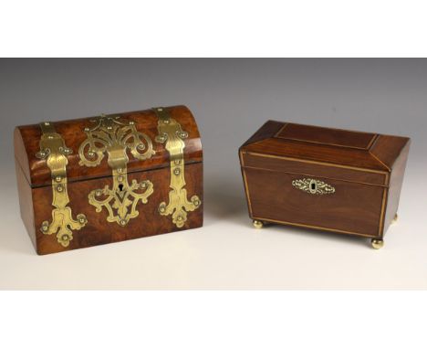 A Victorian figured walnut and brass bound box, of rectangular form with dome hinged cover opening to a vacant interior, 24cm