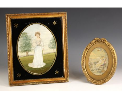 An oval silk work embroidered portrait, 19th century, depicting a young lady in a white silk dress standing in a landscape, i