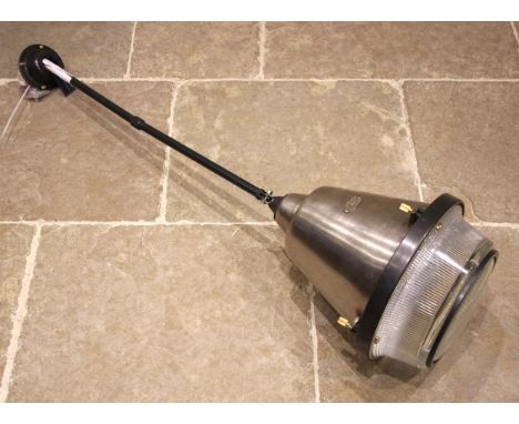 A Ralph Lauren New York 'blue label' stainless steel pendant ceiling lamp, the industrial type brushed metal conical shaped s