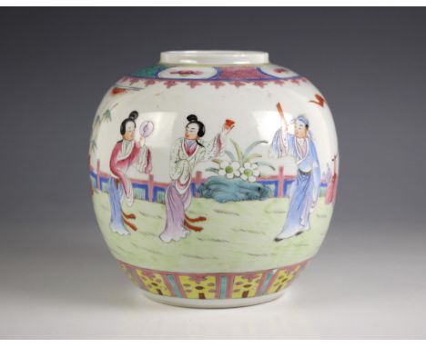 A Chinese porcelain famille rose ginger jar, early 20th century, of ovoid form and externally decorated with four figures in 