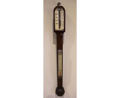 A 19th century mahogany stick barometer, the arched case framing an ivory register above an ivory thermometer register, with 