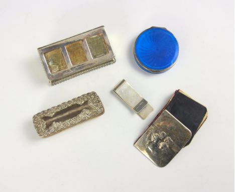 A selection of silver items, including a Victorian silver triple stamp holder, indistinct makers mark, Birmingham 1896, with 