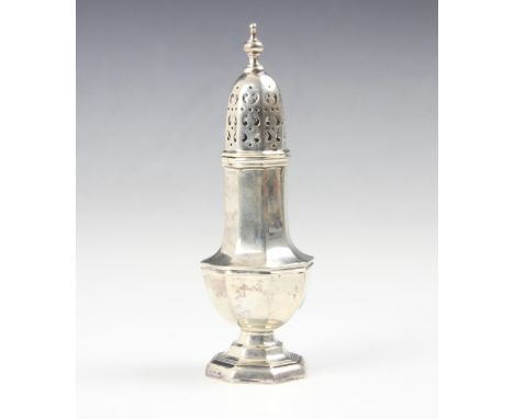 A George V silver sugar sifter, William Hutton &amp; Sons Ltd, Birmingham 1928, the pierced pull off cover above faceted body