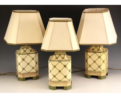 A pair of decorative painted and lacquered table lamps, each of canted square section decorated with a trellis pattern, with 