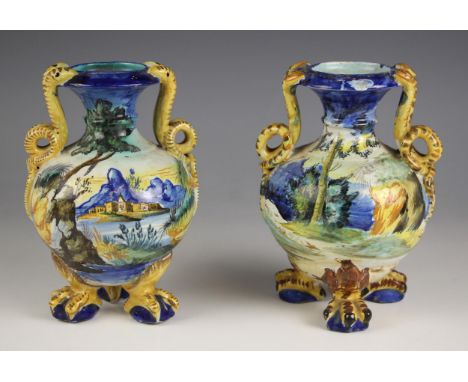 A pair of Cantagalli Maiolica vases, late 19th/ early 20th century, of twin handled globular form, each decorated with Urbino