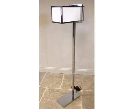 A Chelsom chromed deco standard lamp, the chromed box section frame suspending a box section shade, upon a rectangular plinth