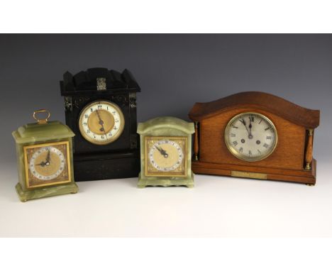 A Victorian slate mantel timepiece, of architectural form, with 11cm dial and single train movement stamped 'G.R', with pendu