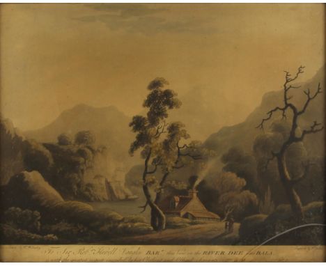 After Thomas Walmsley (Irish 1763/4-1805),'View on the River Dee near Bala',Hand-coloured aquatint on paper applied to canvas