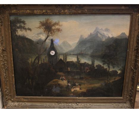 A 19th century French musical picture clock, depicting figures and a lakeside village, oil on canvas, the clocktower inset wi