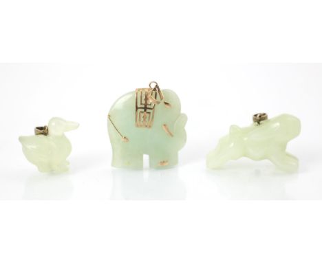 Three pieces of jade coloured carvings, including a running hare upon plain polished pendant bale with stamped lettering,3.5c