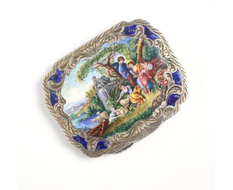A continental white metal and enamel box, the shaped hinged cover with enamel scene to centre depicting young ladies before w