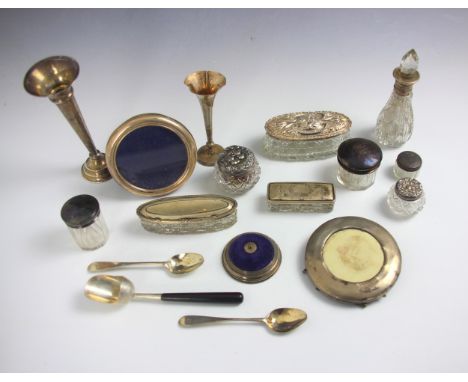 A selection of silver and silver mounted pieces, including a set of three silver coloured teaspoons, with 'J' initial to term