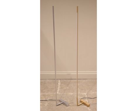 A modern Heals Of London 'Saber' LED floor lamp in satin silver finish, modelled as a single illuminated vertical bar on perp