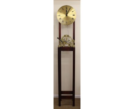 Unusual late 20th century longcase clock, mahogany framed with exposed movement, gilded chapter ring by S Michelmayr &amp; Co