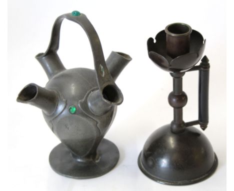 Arts &amp; Crafts pewter vase with four metal spouts and green beads embedded in Liberty style, together with a candlesticks,