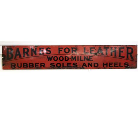 Vintage enamel sign by Barnes for Leather, Wood Milne, Rubber Soles and Heels, 35 x 195cm