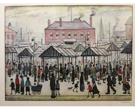 AR Laurence Stephen Lowry, RA (1887-1976) "Market Scene in a Northern Town" coloured print, with Patrick Seale blind stamp, s