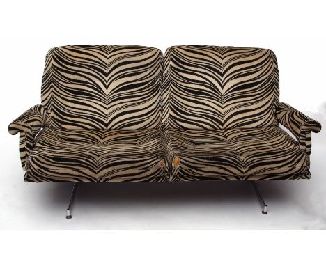 Howard Keith (HK Furniture) two seater sofa upholstered in a zebra stripe type pattern, raised on a dual chromium support, 17
