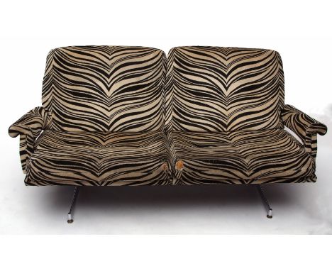 Howard Keith (HK Furniture) two seater sofa upholstered in a zebra stripe type pattern, raised on a dual chromium support, 17