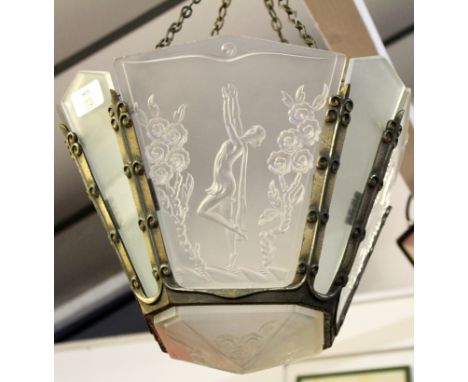 Art Deco hanging lamp with etched panels depicting lady and foliage